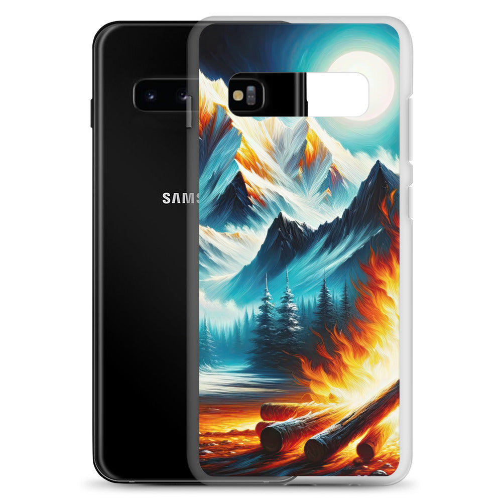 Ölgemälde von Feuer und Eis: Lagerfeuer und Alpen im Kontrast, warme Flammen - Samsung Schutzhülle (durchsichtig) camping xxx yyy zzz