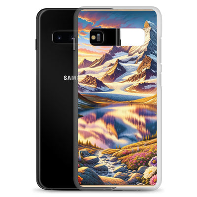 Quadratische Illustration der Alpen mit schneebedeckten Gipfeln und Wildblumen - Samsung Schutzhülle (durchsichtig) berge xxx yyy zzz