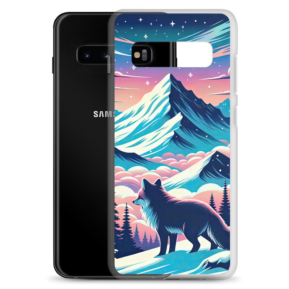 Vektorgrafik eines alpinen Winterwunderlandes mit schneebedeckten Kiefern und einem Fuchs - Samsung Schutzhülle (durchsichtig) camping xxx yyy zzz