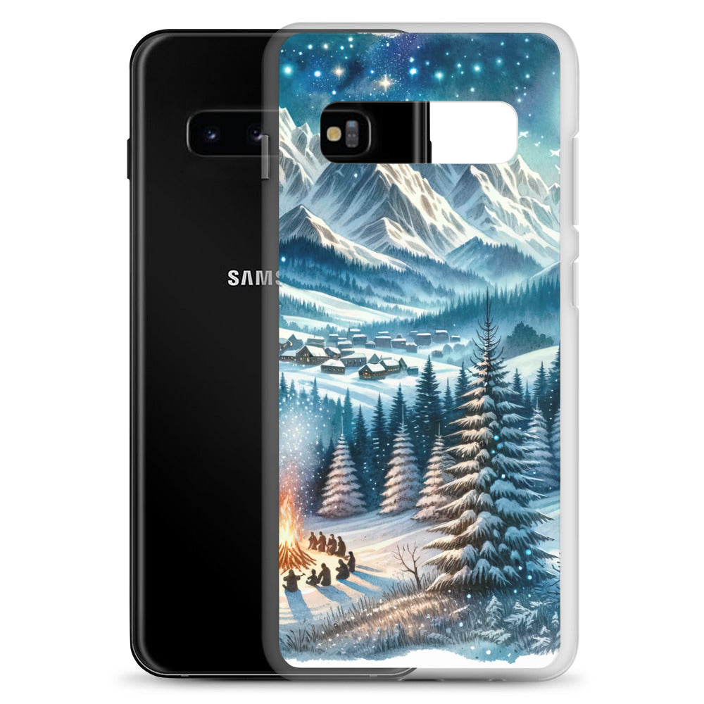 Aquarell eines Winterabends in den Alpen mit Lagerfeuer und Wanderern, glitzernder Neuschnee - Samsung Schutzhülle (durchsichtig) camping xxx yyy zzz