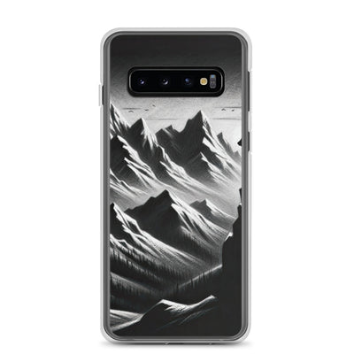 Kohlezeichnung, die die stille Stille der Alpen in der Winterdämmerung verkörpert. Wolf auf einem Berghügel (AN) - Samsung Schutzhülle (durchsichtig) xxx yyy zzz Samsung Galaxy S10