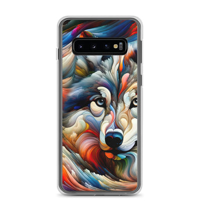 Abstrakte Kunst der Alpen mit einem Wolf. Chaotischer Tanz aus Farben und Formen. Surreale Landschaft (AN) - Samsung Schutzhülle (durchsichtig) xxx yyy zzz Samsung Galaxy S10