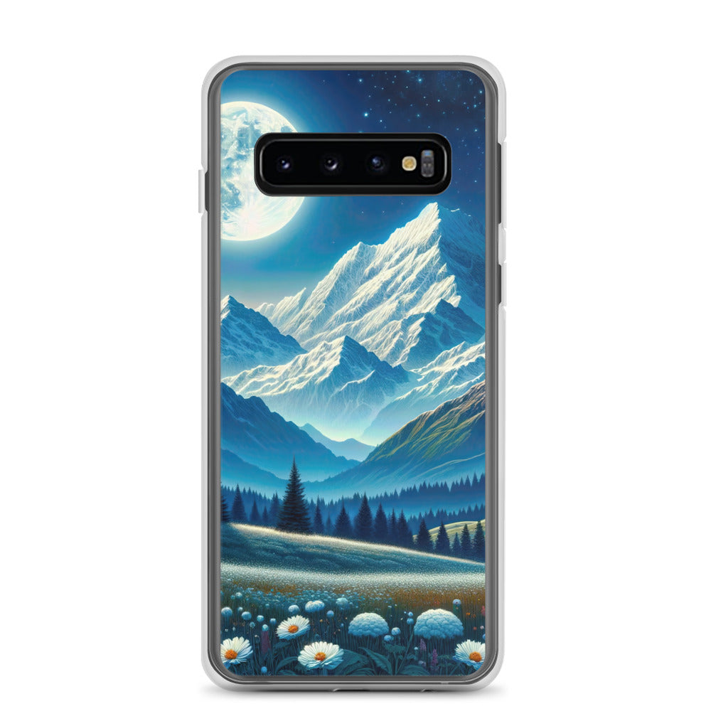 Klare frühlingshafte Alpennacht mit Blumen und Vollmond über Schneegipfeln - Samsung Schutzhülle (durchsichtig) berge xxx yyy zzz Samsung Galaxy S10