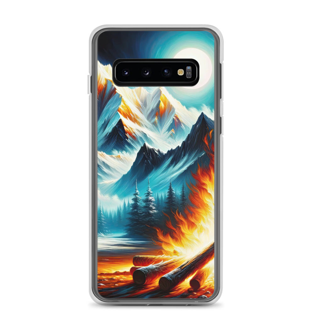 Ölgemälde von Feuer und Eis: Lagerfeuer und Alpen im Kontrast, warme Flammen - Samsung Schutzhülle (durchsichtig) camping xxx yyy zzz Samsung Galaxy S10