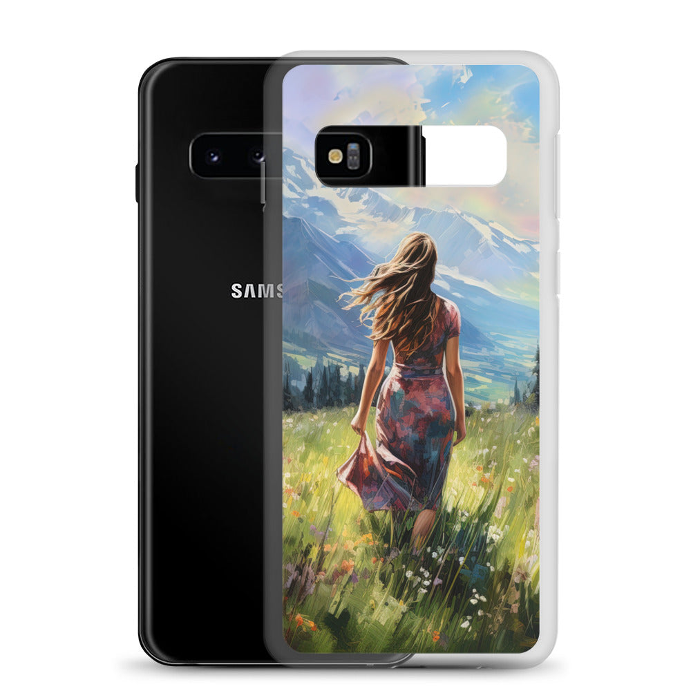 Frau mit langen Kleid im Feld mit Blumen - Berge im Hintergrund - Malerei - Samsung Schutzhülle (durchsichtig) berge xxx