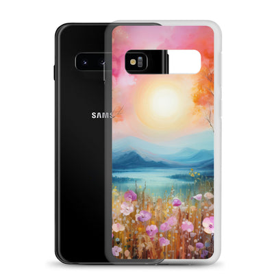 Berge, See, pinke Bäume und Blumen - Malerei - Samsung Schutzhülle (durchsichtig) berge xxx