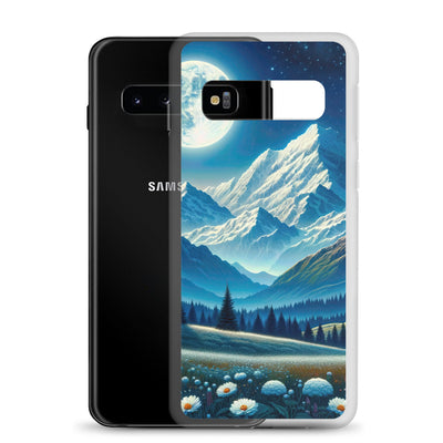 Klare frühlingshafte Alpennacht mit Blumen und Vollmond über Schneegipfeln - Samsung Schutzhülle (durchsichtig) berge xxx yyy zzz