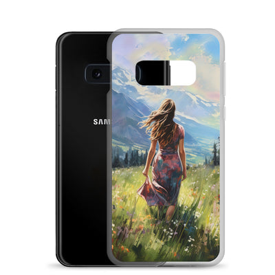 Frau mit langen Kleid im Feld mit Blumen - Berge im Hintergrund - Malerei - Samsung Schutzhülle (durchsichtig) berge xxx