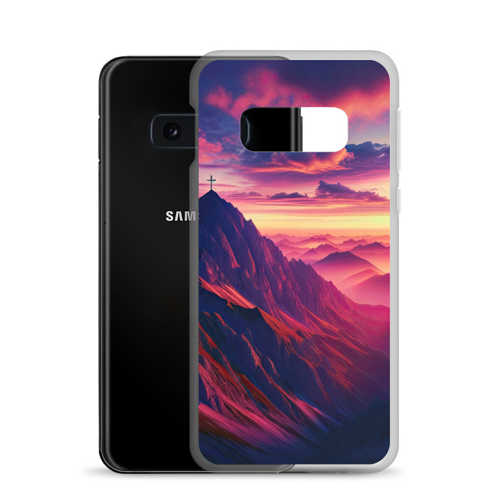 Dramatischer Alpen-Sonnenaufgang, Gipfelkreuz und warme Himmelsfarben - Samsung Schutzhülle (durchsichtig) berge xxx yyy zzz