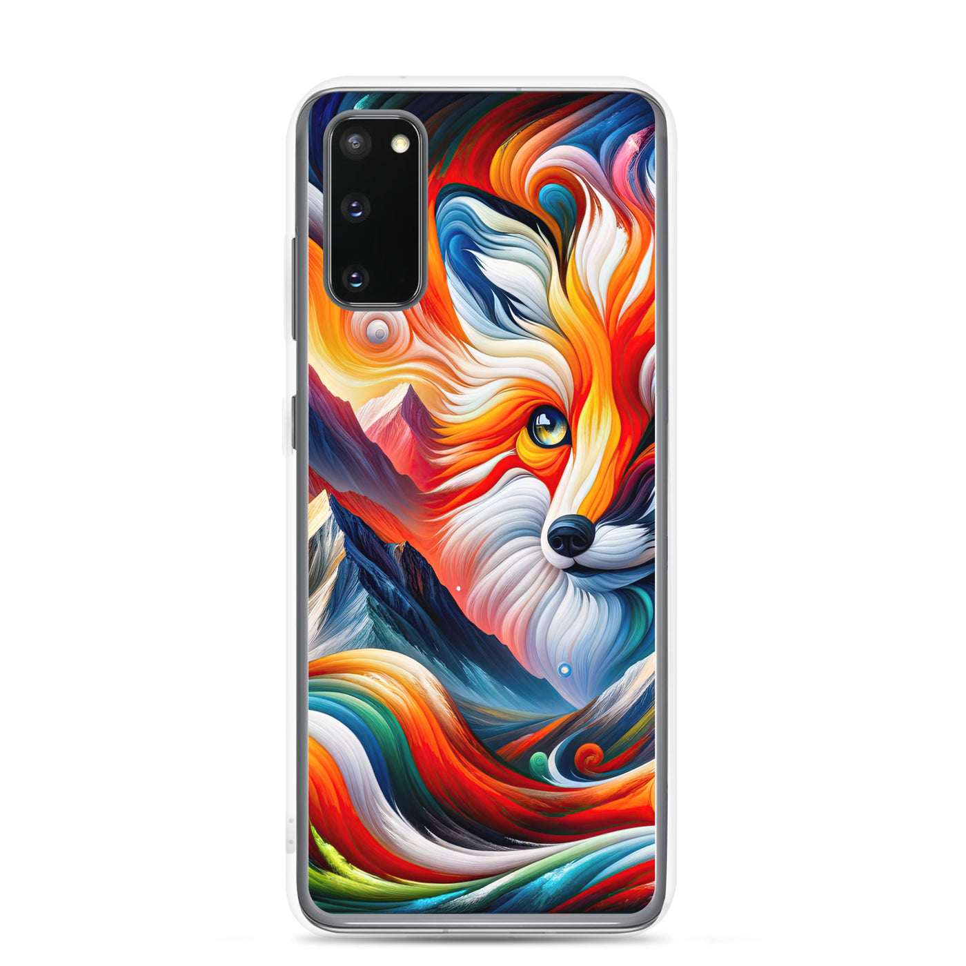 Abstrakte Kunst der Alpen voller lebendiger Farben und dynamischer Bewegung. Es dominiert ein farbiger Fuchs - Samsung Schutzhülle (durchsichtig) camping xxx yyy zzz Samsung Galaxy S20