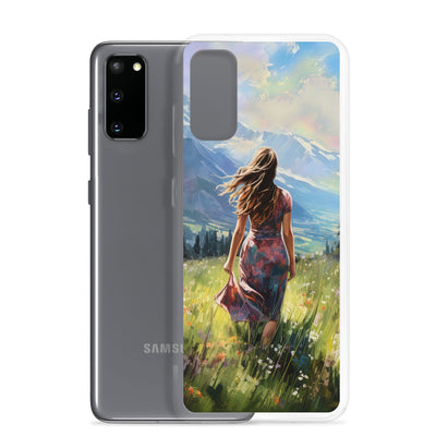 Frau mit langen Kleid im Feld mit Blumen - Berge im Hintergrund - Malerei - Samsung Schutzhülle (durchsichtig) berge xxx