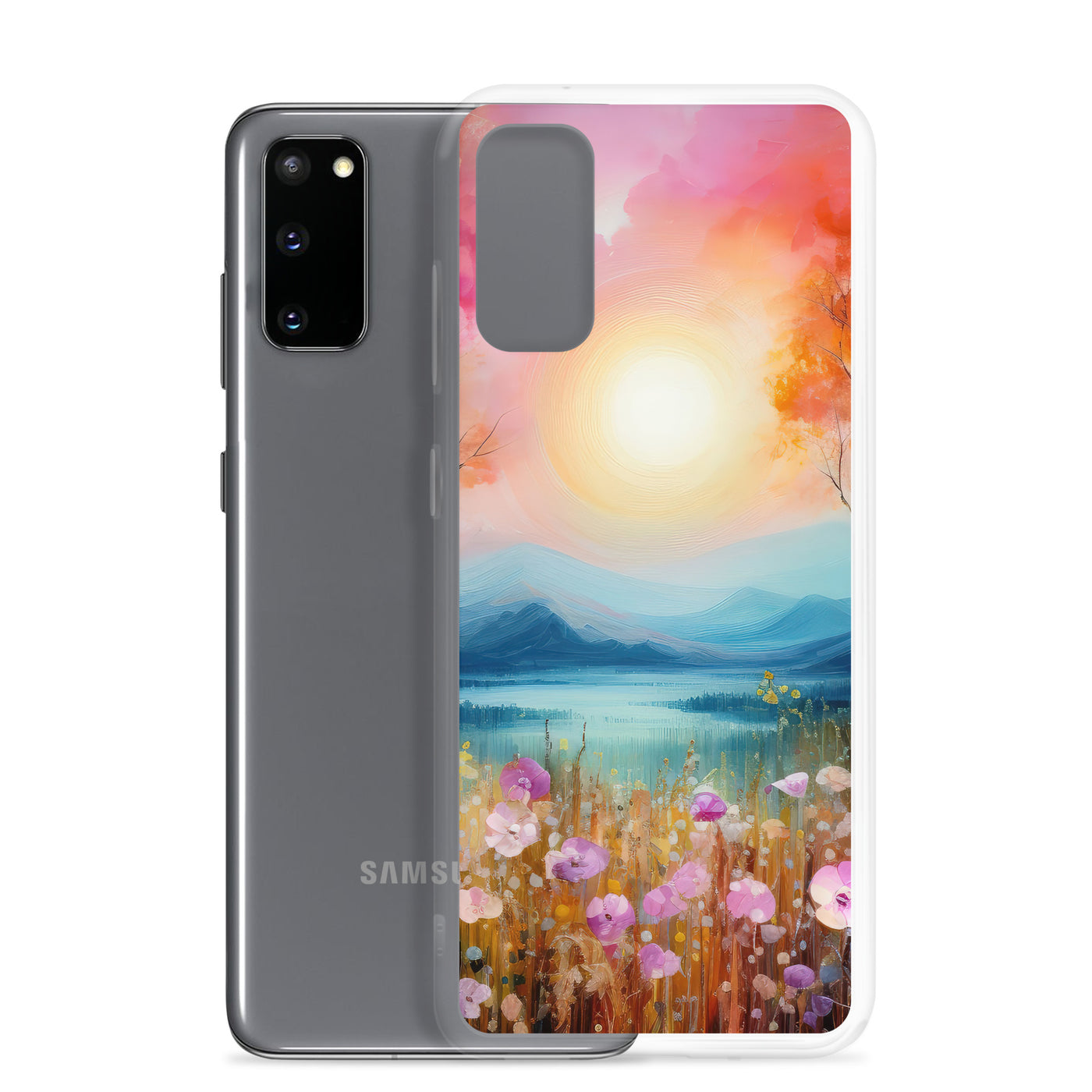 Berge, See, pinke Bäume und Blumen - Malerei - Samsung Schutzhülle (durchsichtig) berge xxx