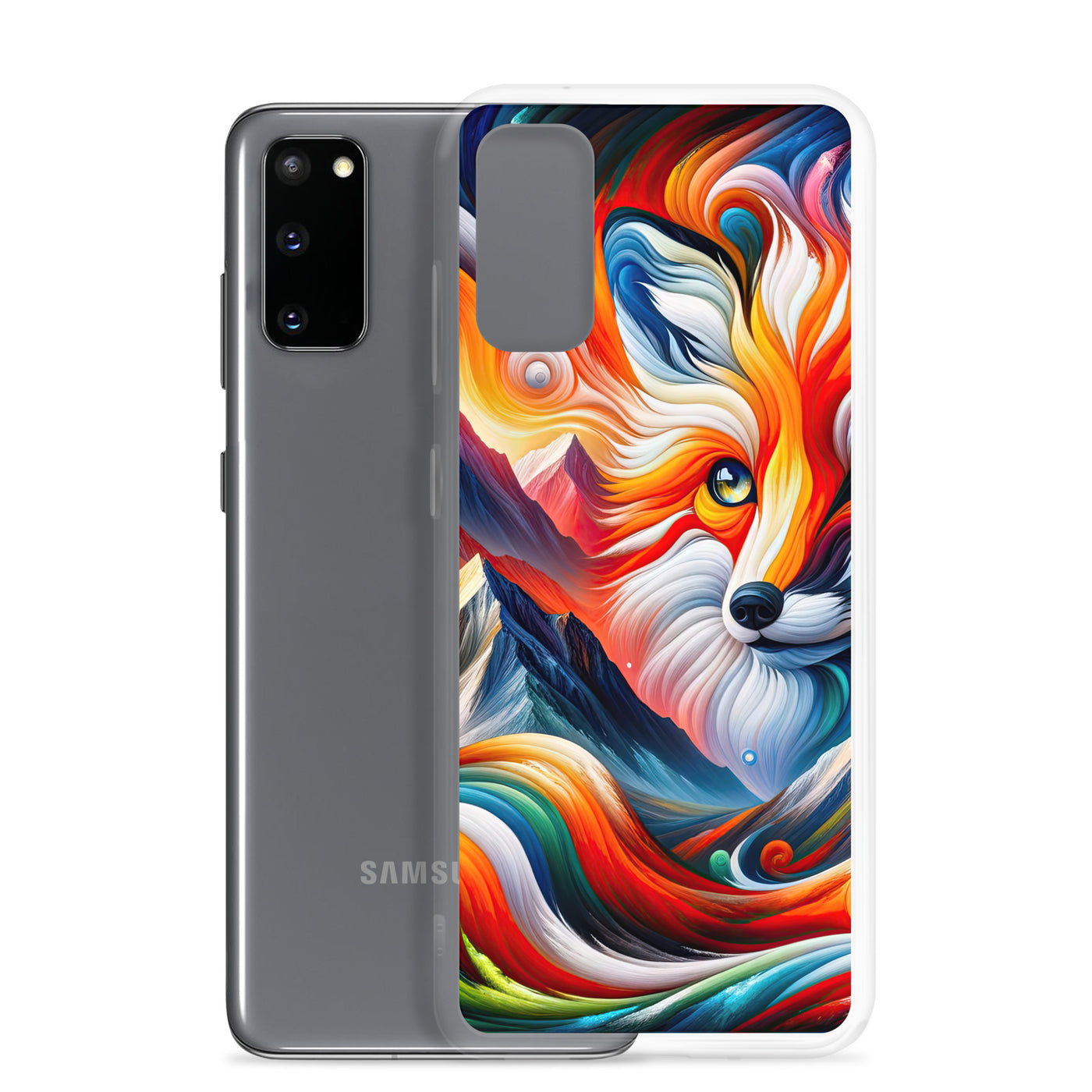 Abstrakte Kunst der Alpen voller lebendiger Farben und dynamischer Bewegung. Es dominiert ein farbiger Fuchs - Samsung Schutzhülle (durchsichtig) camping xxx yyy zzz