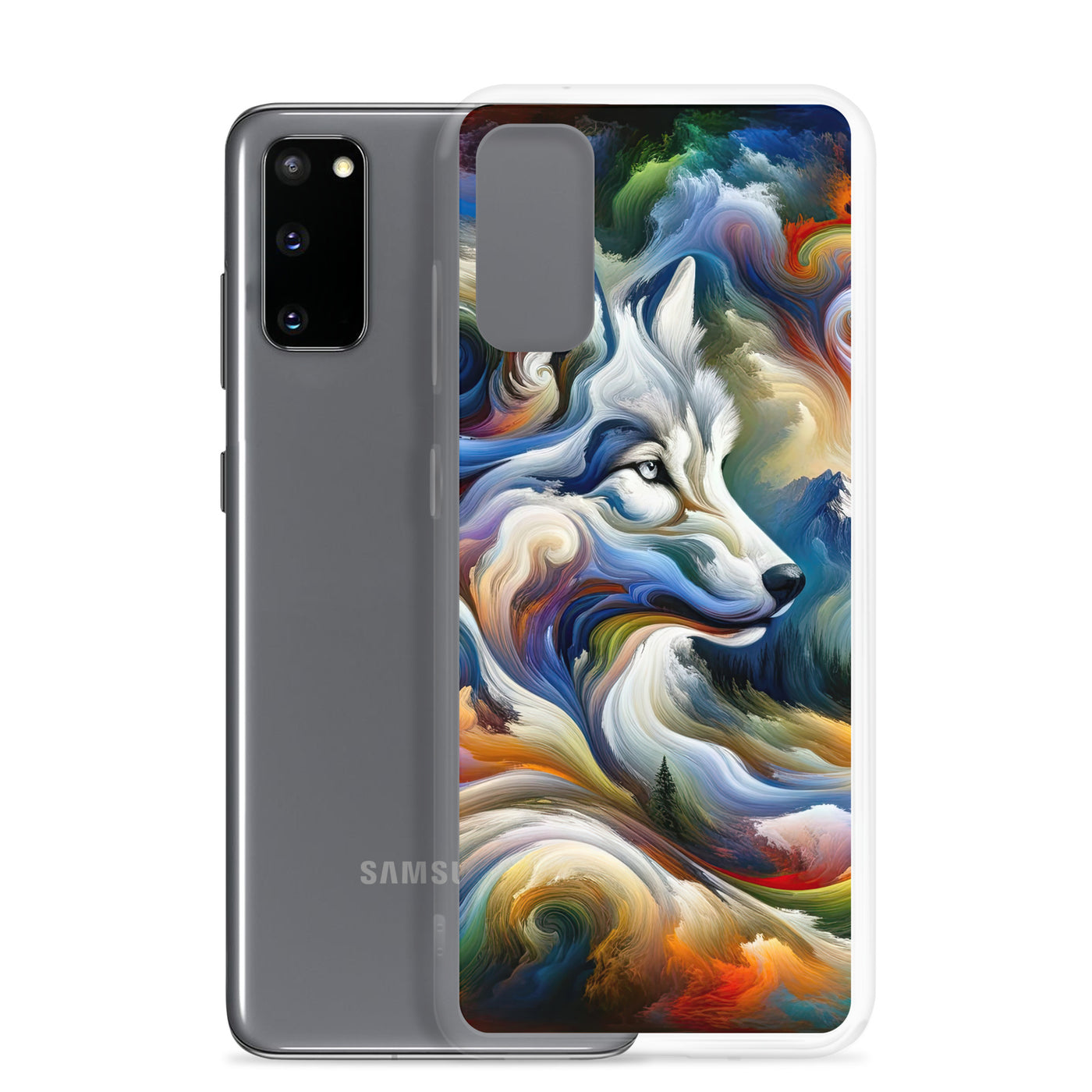 Abstraktes Alpen Gemälde: Wirbelnde Farben und Majestätischer Wolf, Silhouette (AN) - Samsung Schutzhülle (durchsichtig) xxx yyy zzz