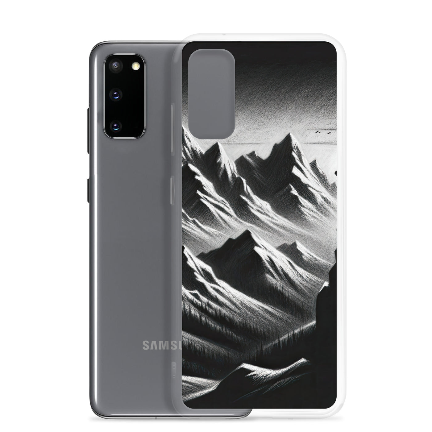 Kohlezeichnung, die die stille Stille der Alpen in der Winterdämmerung verkörpert. Wolf auf einem Berghügel (AN) - Samsung Schutzhülle (durchsichtig) xxx yyy zzz