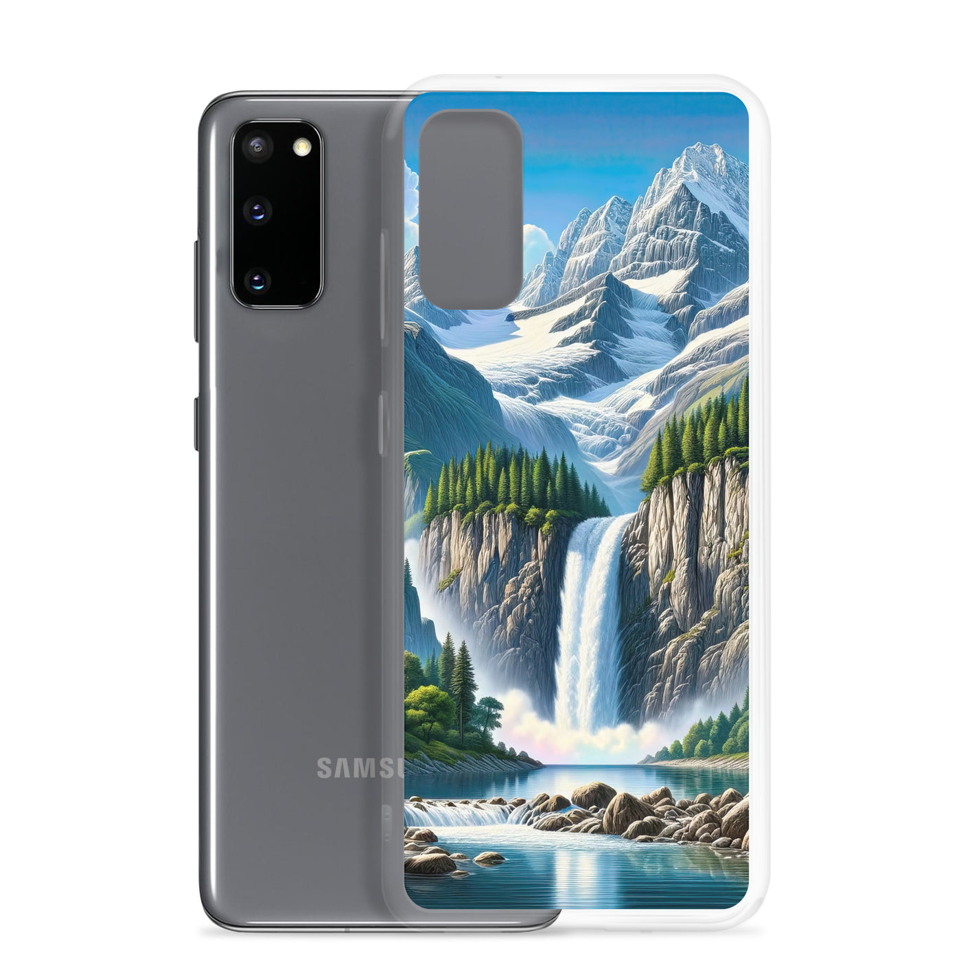 Illustration einer unberührten Alpenkulisse im Hochsommer. Wasserfall und See - Samsung Schutzhülle (durchsichtig) berge xxx yyy zzz