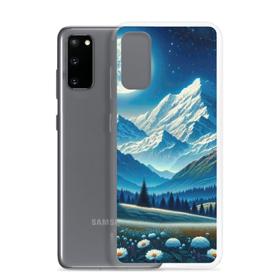 Klare frühlingshafte Alpennacht mit Blumen und Vollmond über Schneegipfeln - Samsung Schutzhülle (durchsichtig) berge xxx yyy zzz