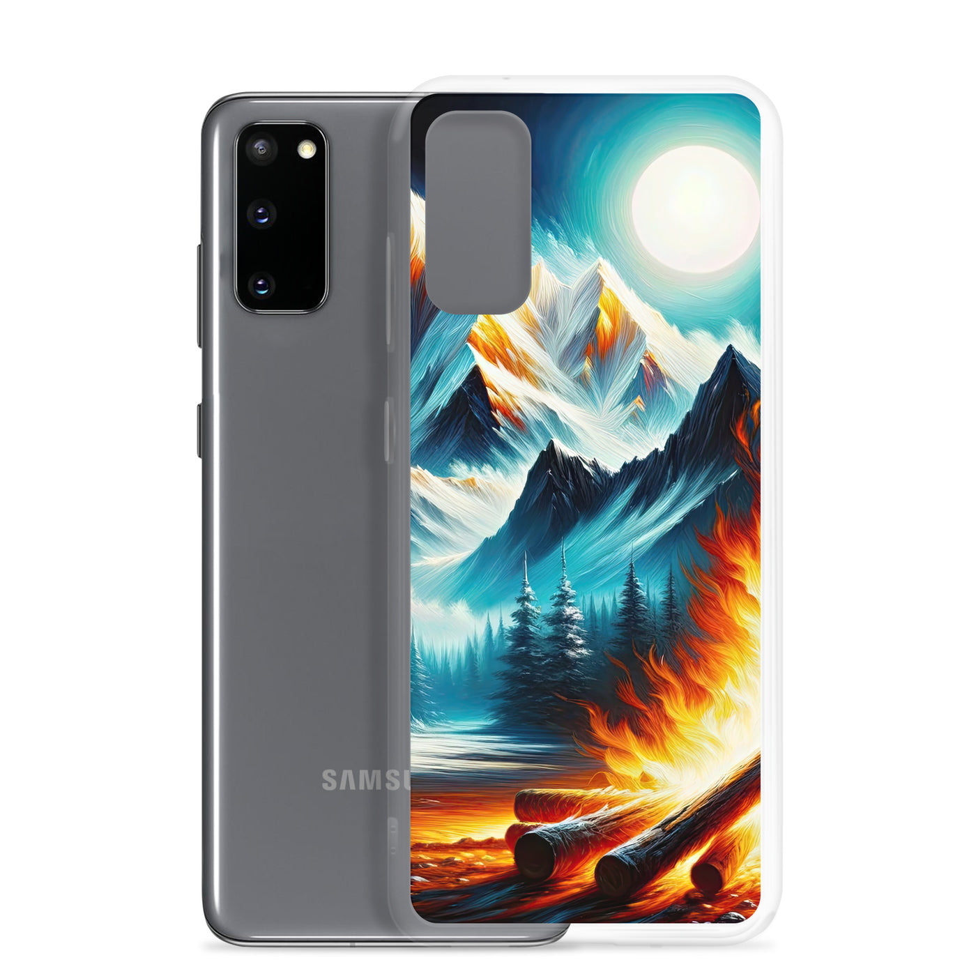 Ölgemälde von Feuer und Eis: Lagerfeuer und Alpen im Kontrast, warme Flammen - Samsung Schutzhülle (durchsichtig) camping xxx yyy zzz