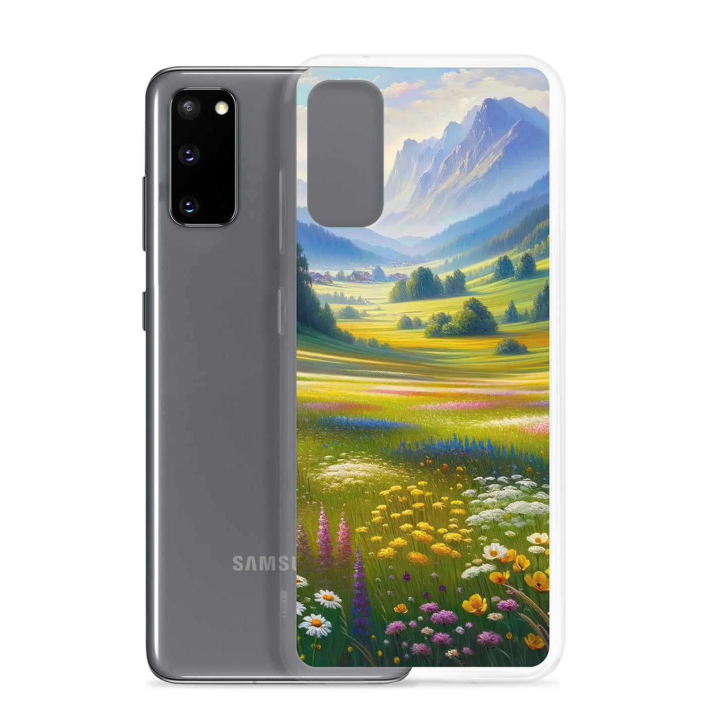 Ölgemälde einer Almwiese, Meer aus Wildblumen in Gelb- und Lilatönen - Samsung Schutzhülle (durchsichtig) berge xxx yyy zzz