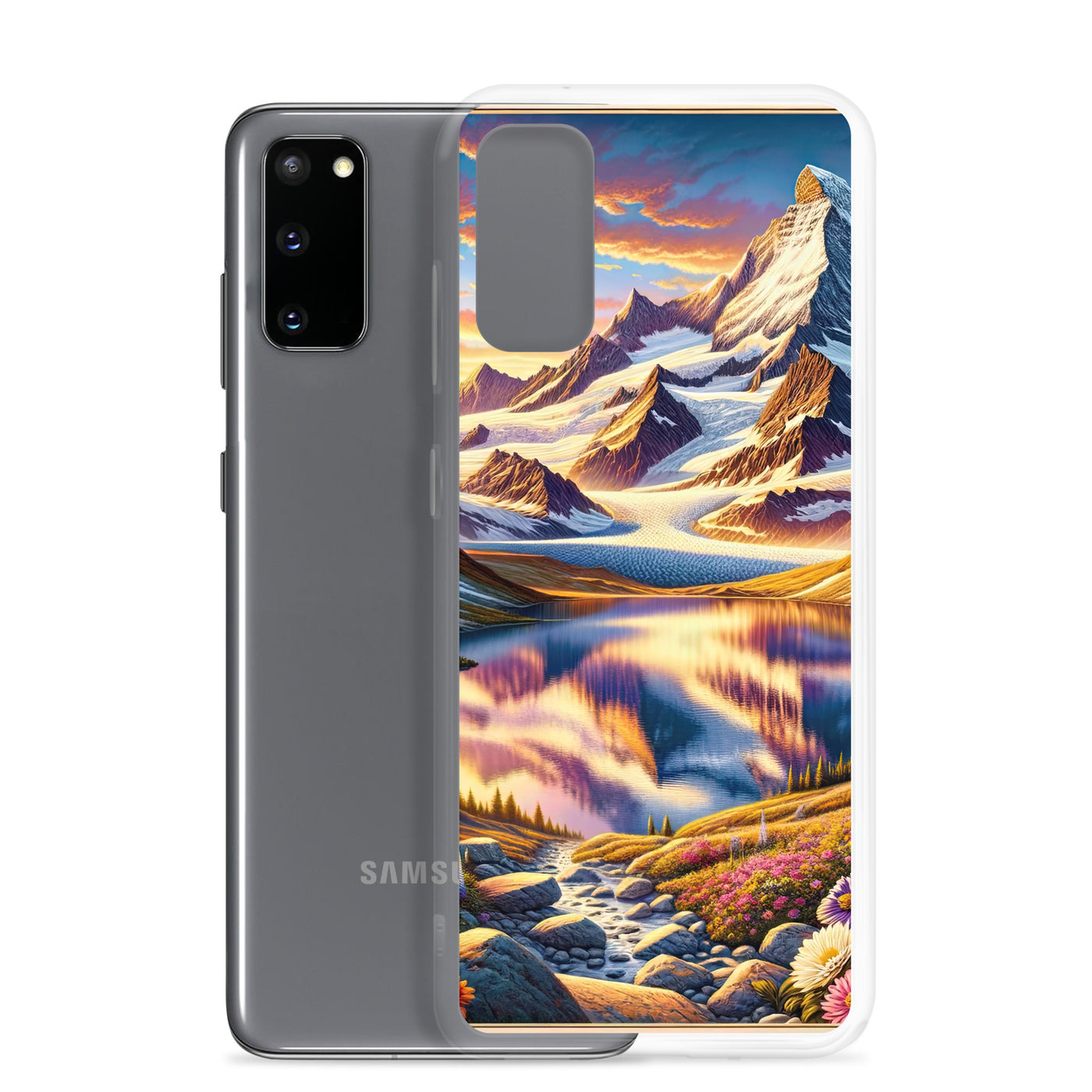 Quadratische Illustration der Alpen mit schneebedeckten Gipfeln und Wildblumen - Samsung Schutzhülle (durchsichtig) berge xxx yyy zzz