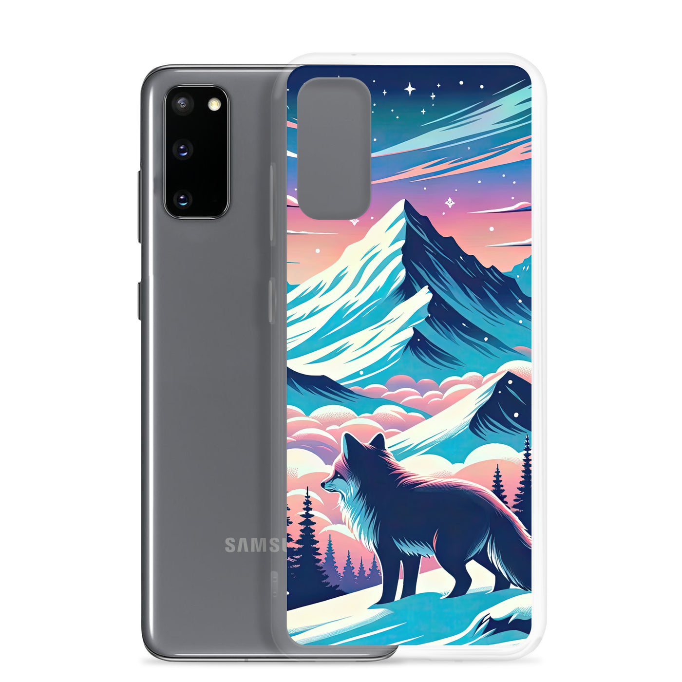 Vektorgrafik eines alpinen Winterwunderlandes mit schneebedeckten Kiefern und einem Fuchs - Samsung Schutzhülle (durchsichtig) camping xxx yyy zzz