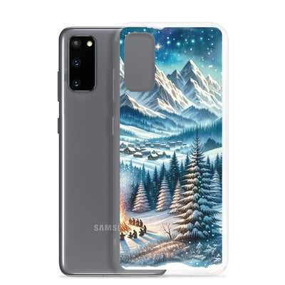 Aquarell eines Winterabends in den Alpen mit Lagerfeuer und Wanderern, glitzernder Neuschnee - Samsung Schutzhülle (durchsichtig) camping xxx yyy zzz