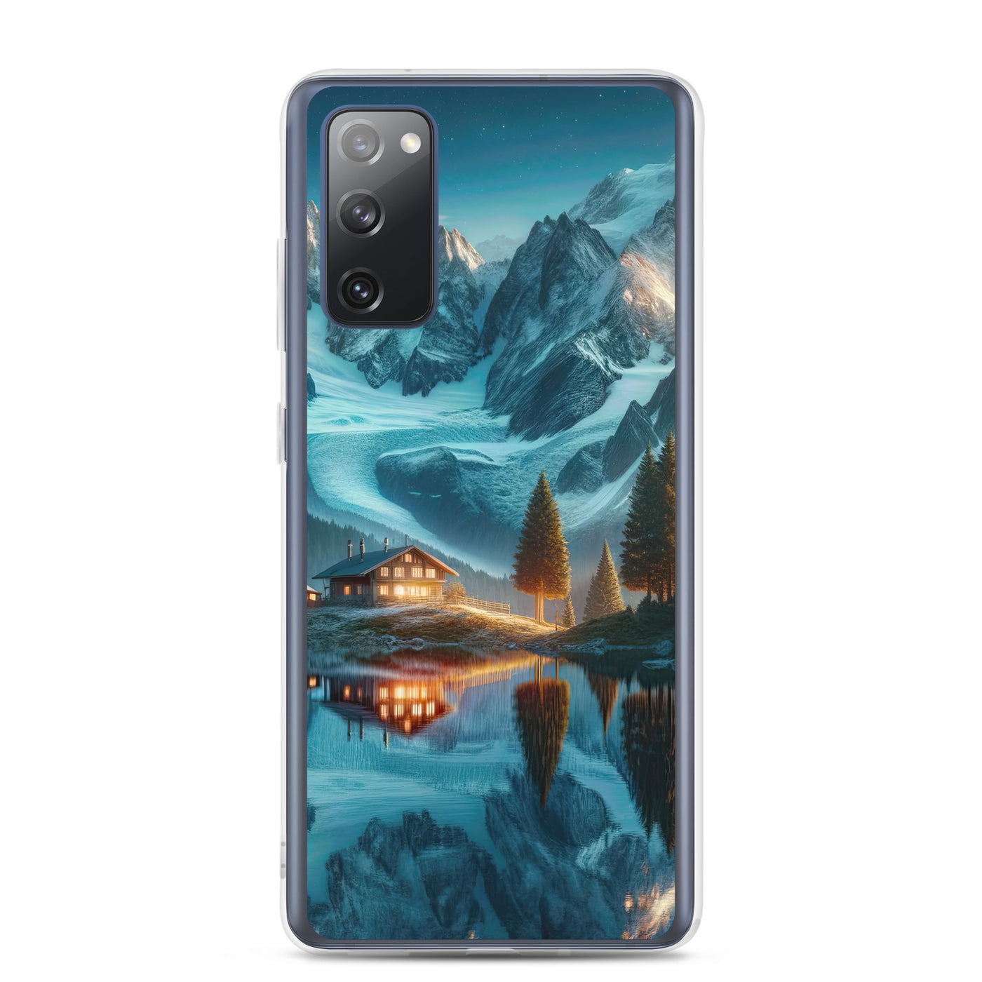 Stille Alpenmajestätik: Digitale Kunst mit Schnee und Bergsee-Spiegelung - Samsung Schutzhülle (durchsichtig) berge xxx yyy zzz