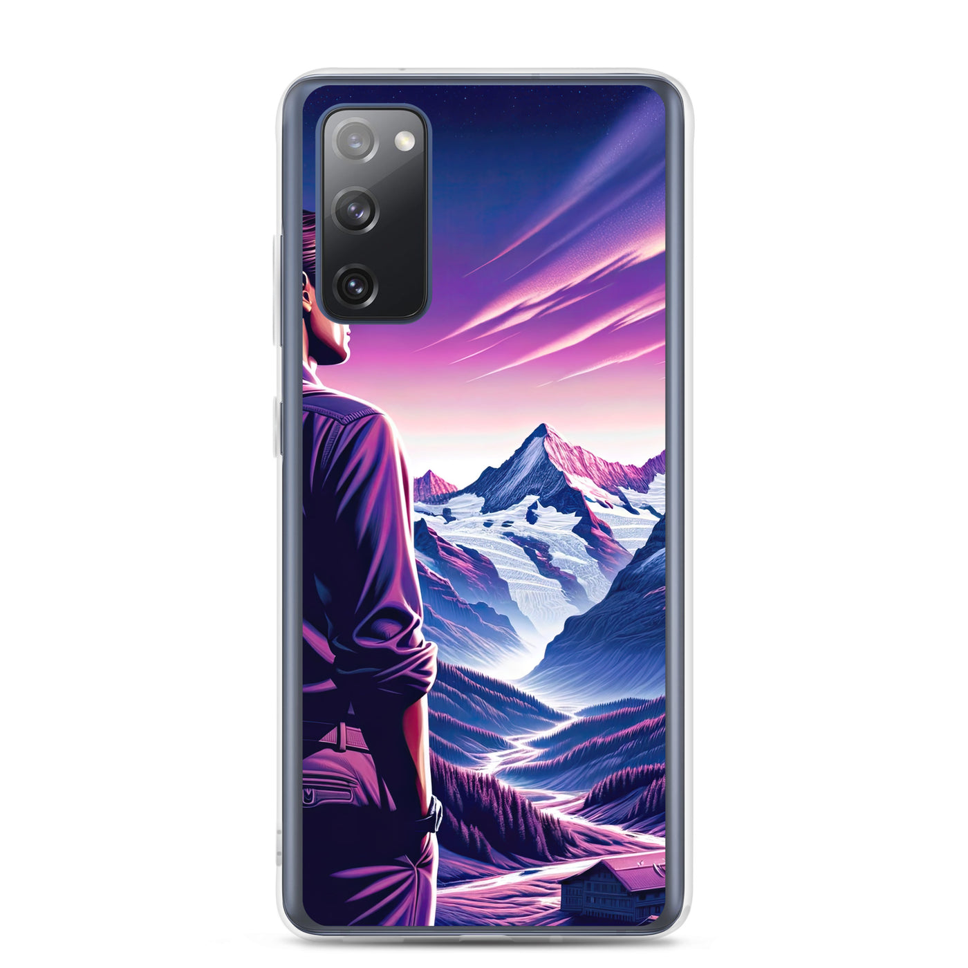 Wanderer in alpiner Dämmerung, schneebedeckte Gipfel ins Unendliche - Samsung Schutzhülle (durchsichtig) wandern xxx yyy zzz