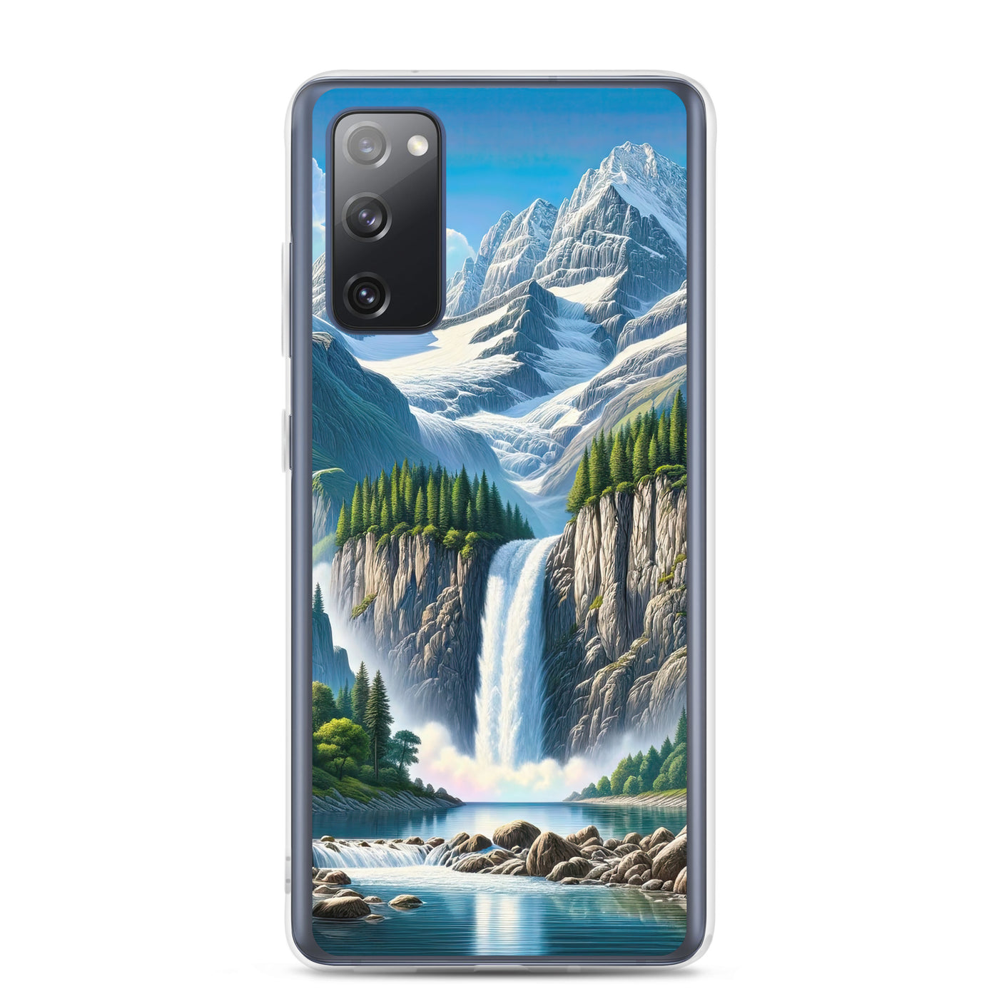 Illustration einer unberührten Alpenkulisse im Hochsommer. Wasserfall und See - Samsung Schutzhülle (durchsichtig) berge xxx yyy zzz