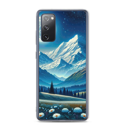 Klare frühlingshafte Alpennacht mit Blumen und Vollmond über Schneegipfeln - Samsung Schutzhülle (durchsichtig) berge xxx yyy zzz