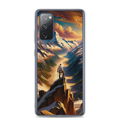 Ölgemälde eines Wanderers auf einem Hügel mit Panoramablick auf schneebedeckte Alpen und goldenen Himmel - Samsung Schutzhülle (durchsichtig) wandern xxx yyy zzz