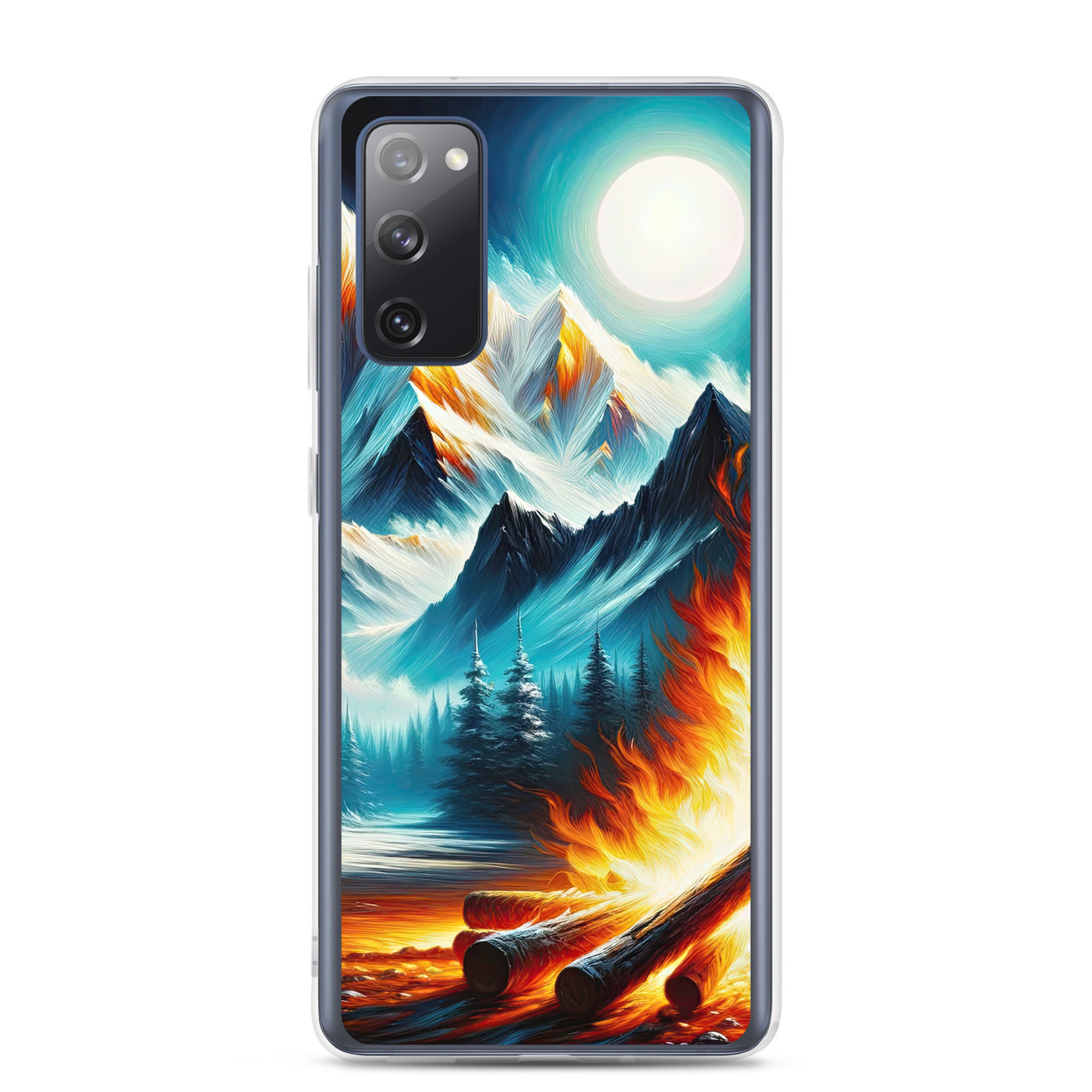 Ölgemälde von Feuer und Eis: Lagerfeuer und Alpen im Kontrast, warme Flammen - Samsung Schutzhülle (durchsichtig) camping xxx yyy zzz