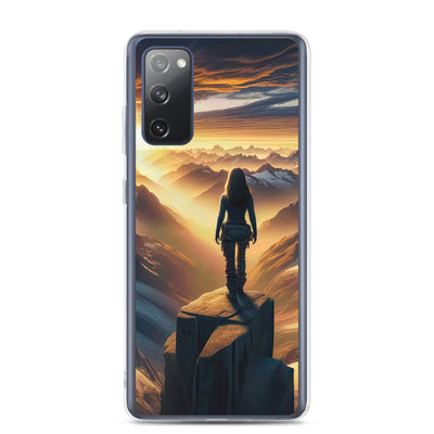 Fotorealistische Darstellung der Alpen bei Sonnenaufgang, Wanderin unter einem gold-purpurnen Himmel - Samsung Schutzhülle (durchsichtig) wandern xxx yyy zzz