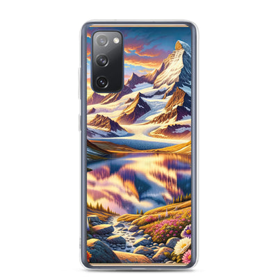 Quadratische Illustration der Alpen mit schneebedeckten Gipfeln und Wildblumen - Samsung Schutzhülle (durchsichtig) berge xxx yyy zzz