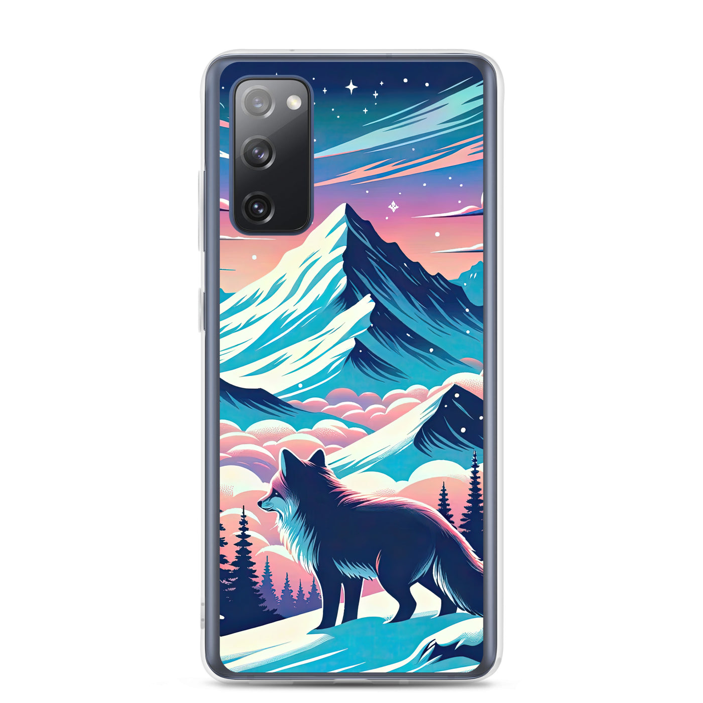 Vektorgrafik eines alpinen Winterwunderlandes mit schneebedeckten Kiefern und einem Fuchs - Samsung Schutzhülle (durchsichtig) camping xxx yyy zzz