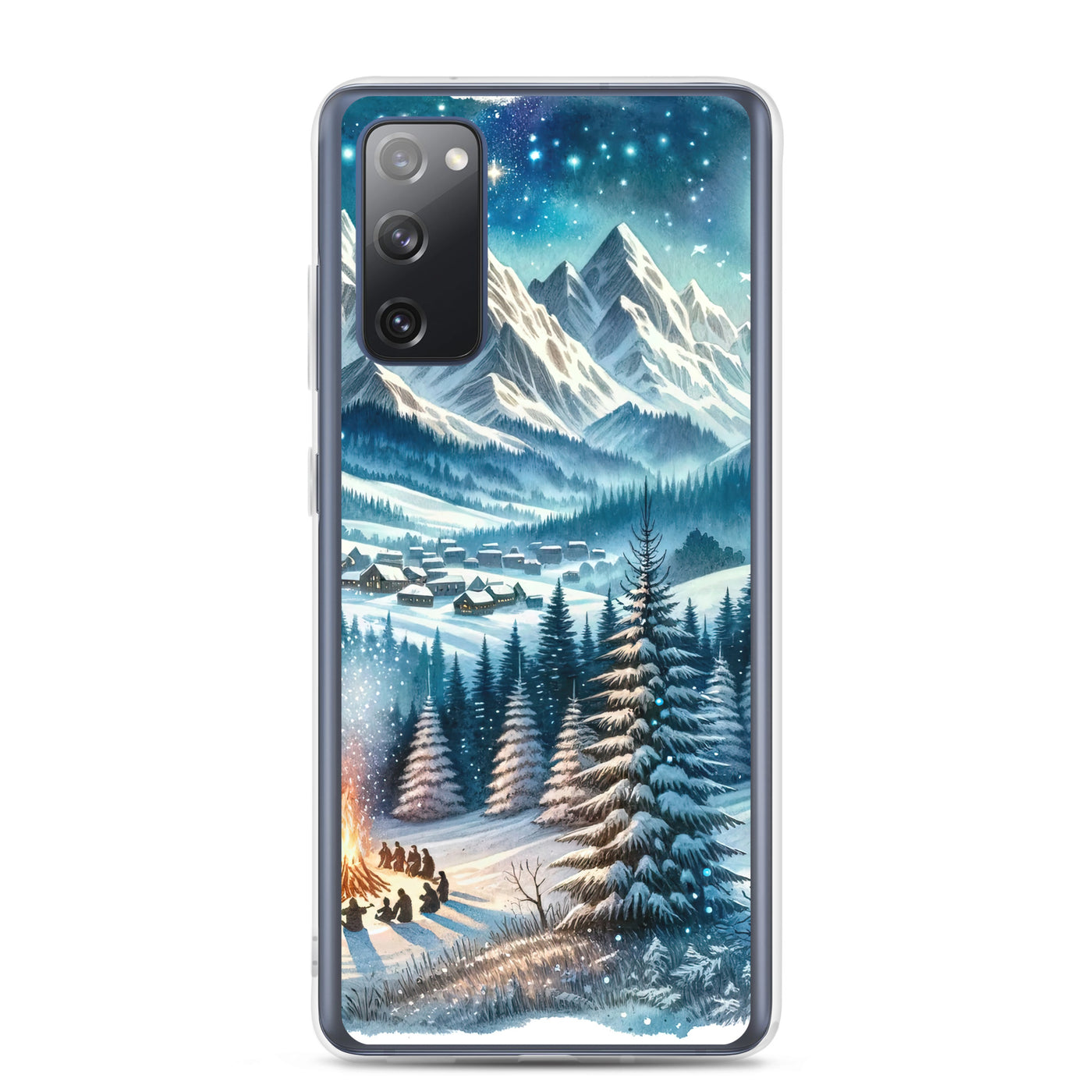 Aquarell eines Winterabends in den Alpen mit Lagerfeuer und Wanderern, glitzernder Neuschnee - Samsung Schutzhülle (durchsichtig) camping xxx yyy zzz