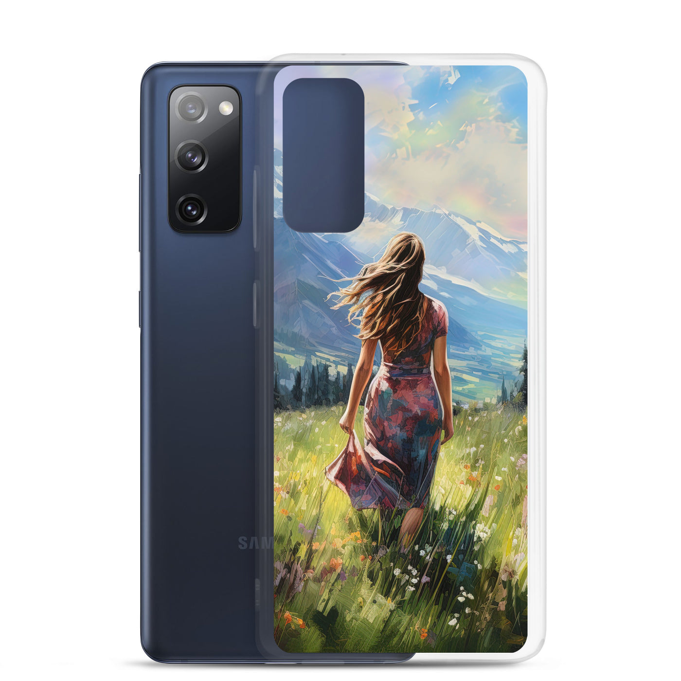 Frau mit langen Kleid im Feld mit Blumen - Berge im Hintergrund - Malerei - Samsung Schutzhülle (durchsichtig) berge xxx