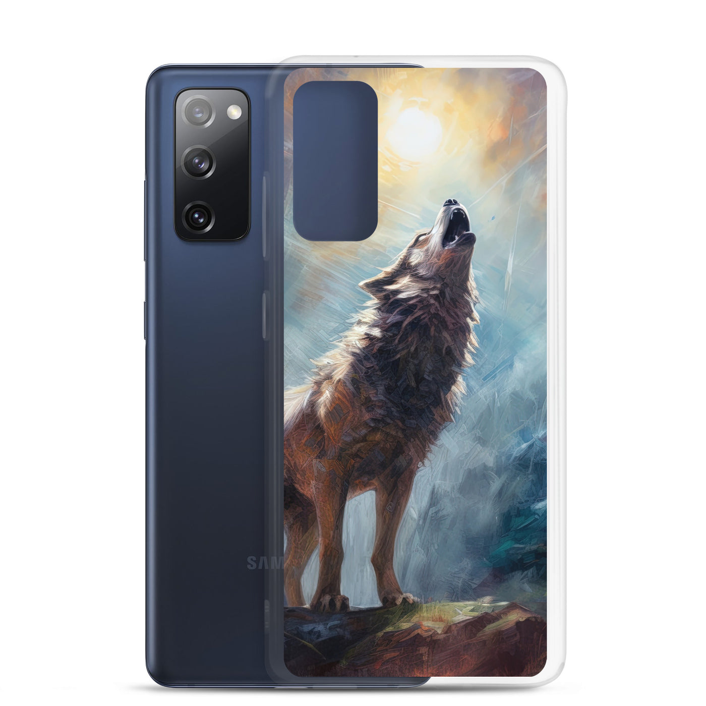 Heulender Wolf auf Berggipfel und Mond im Hintergrund – Abstrakte Malerei - Samsung Schutzhülle (durchsichtig) camping xxx