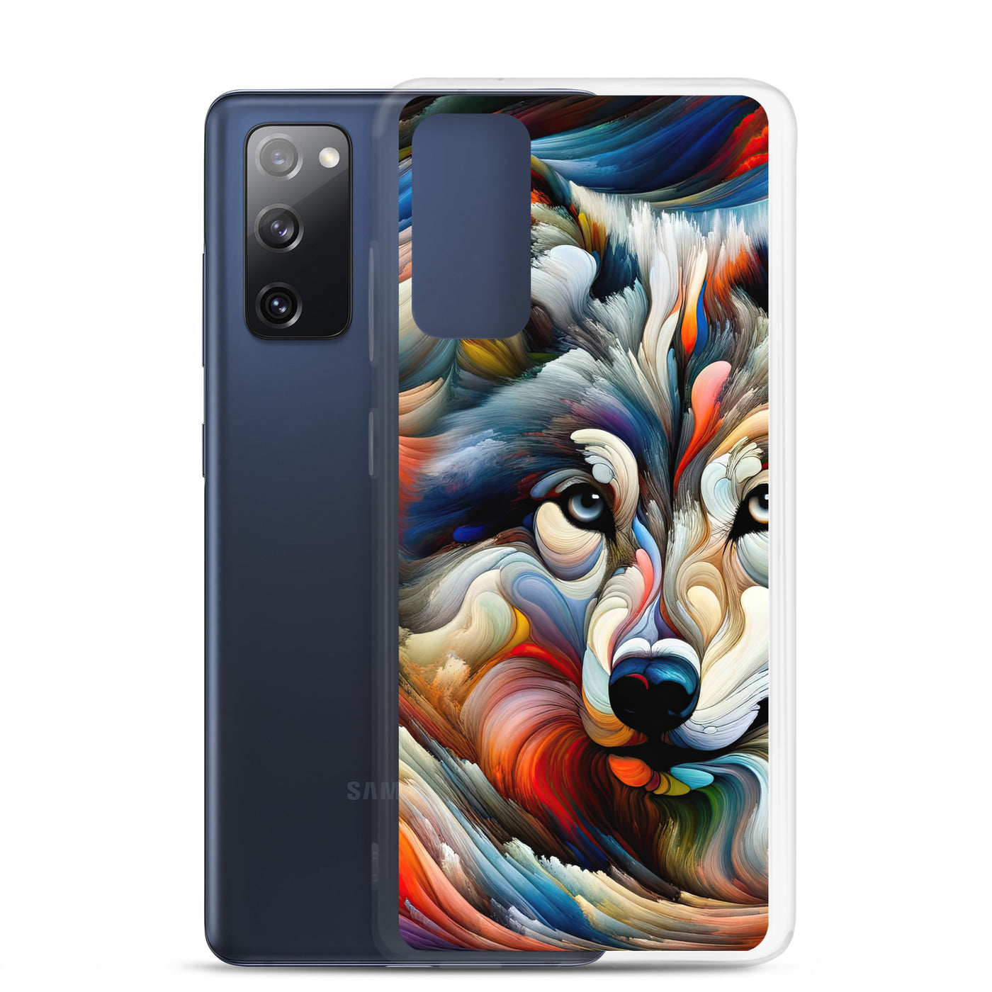 Abstrakte Kunst der Alpen mit einem Wolf. Chaotischer Tanz aus Farben und Formen. Surreale Landschaft (AN) - Samsung Schutzhülle (durchsichtig) xxx yyy zzz