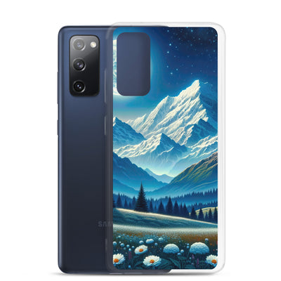 Klare frühlingshafte Alpennacht mit Blumen und Vollmond über Schneegipfeln - Samsung Schutzhülle (durchsichtig) berge xxx yyy zzz