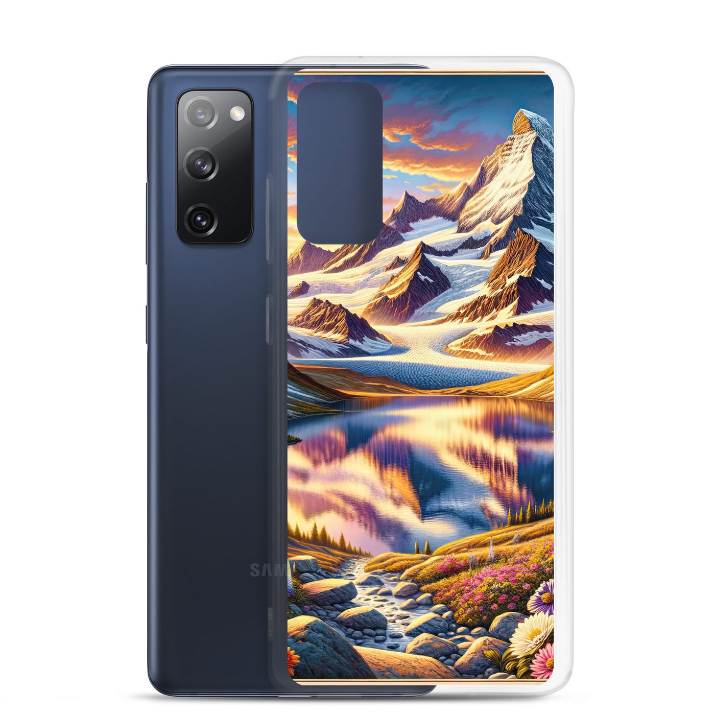 Quadratische Illustration der Alpen mit schneebedeckten Gipfeln und Wildblumen - Samsung Schutzhülle (durchsichtig) berge xxx yyy zzz