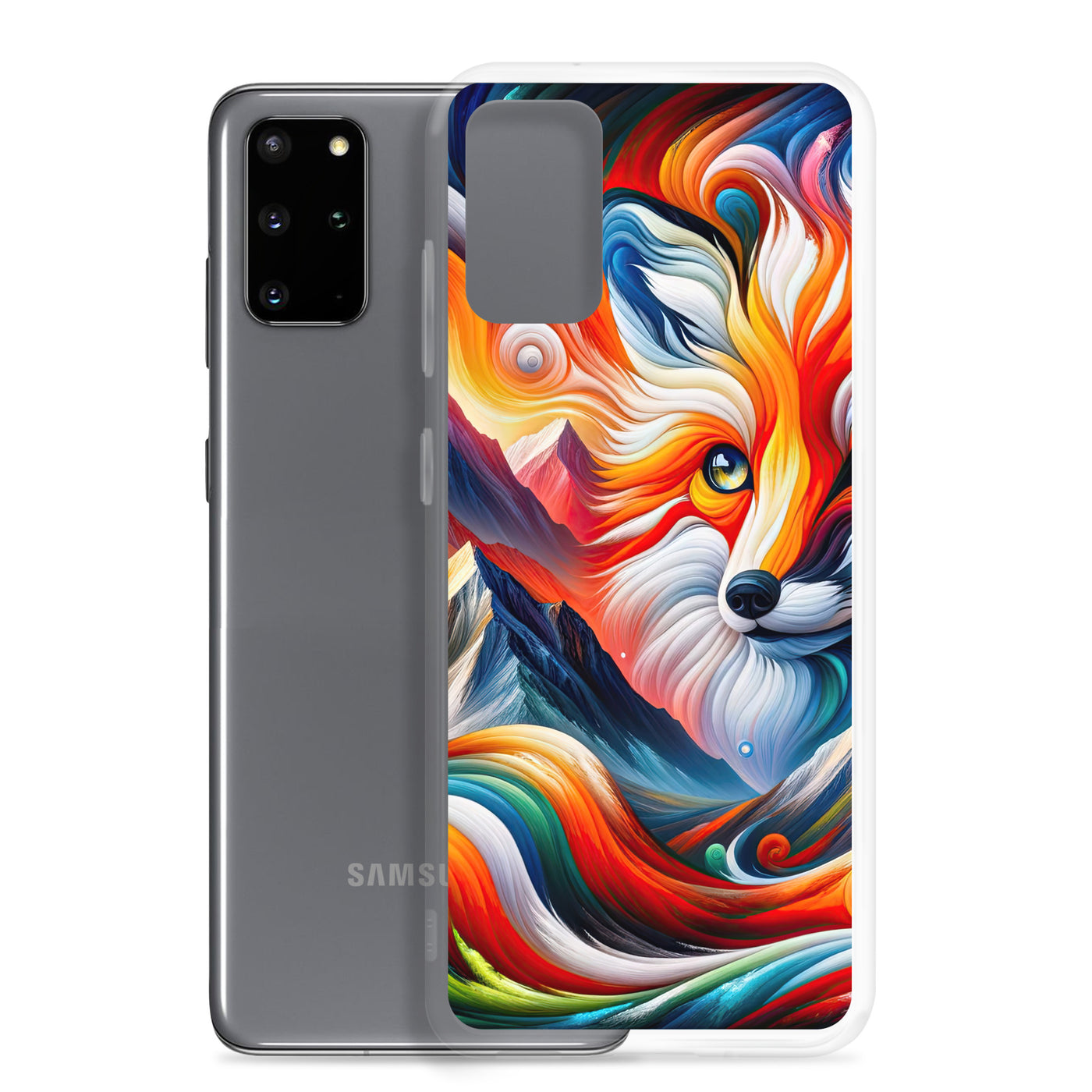 Abstrakte Kunst der Alpen voller lebendiger Farben und dynamischer Bewegung. Es dominiert ein farbiger Fuchs - Samsung Schutzhülle (durchsichtig) camping xxx yyy zzz