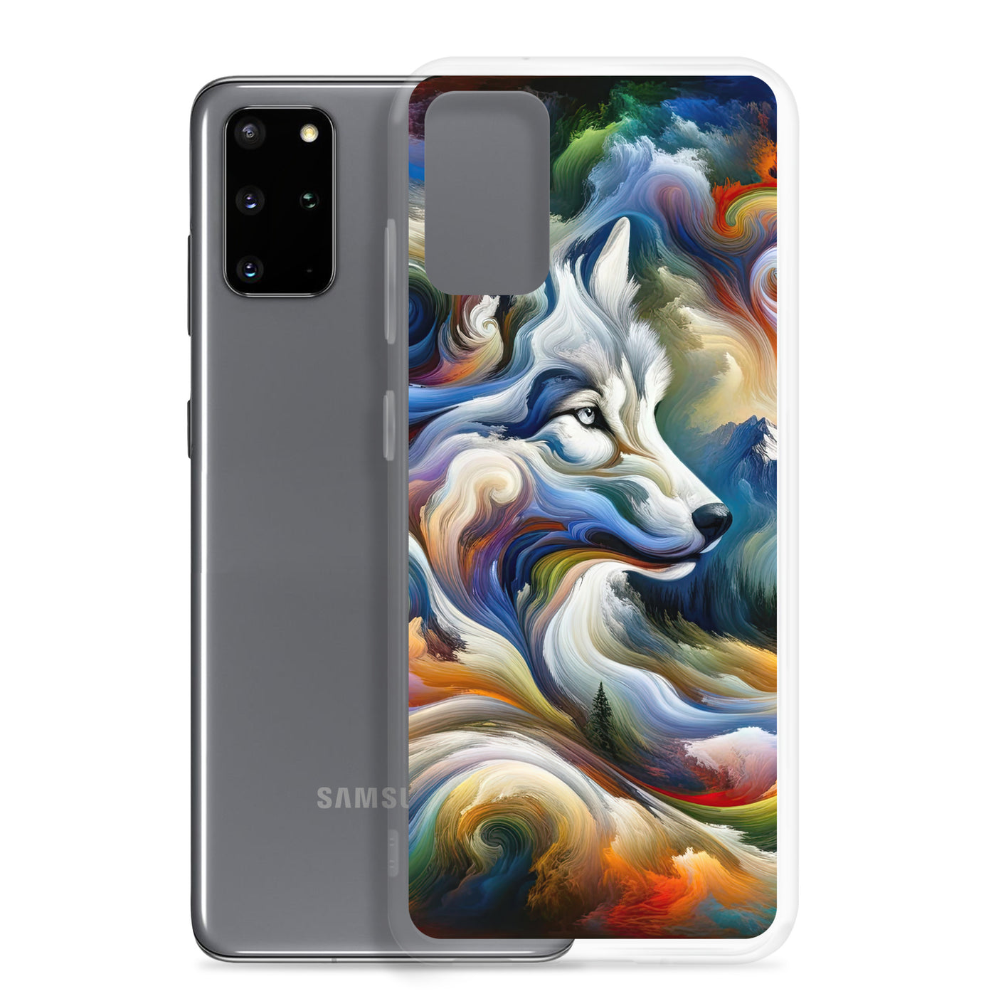 Abstraktes Alpen Gemälde: Wirbelnde Farben und Majestätischer Wolf, Silhouette (AN) - Samsung Schutzhülle (durchsichtig) xxx yyy zzz