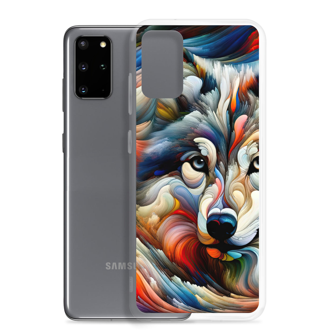 Abstrakte Kunst der Alpen mit einem Wolf. Chaotischer Tanz aus Farben und Formen. Surreale Landschaft (AN) - Samsung Schutzhülle (durchsichtig) xxx yyy zzz