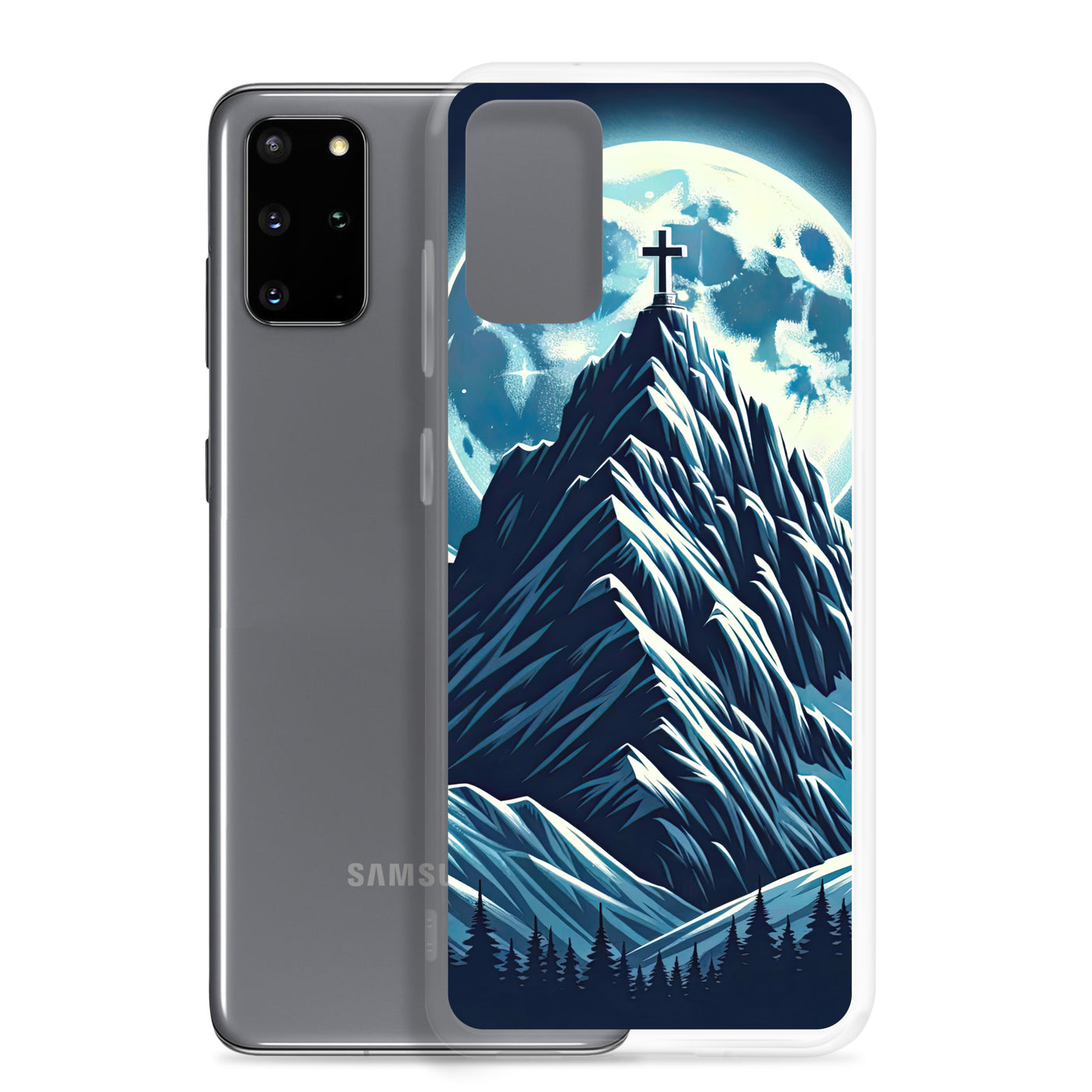 Mondnacht und Gipfelkreuz in den Alpen, glitzernde Schneegipfel - Samsung Schutzhülle (durchsichtig) berge xxx yyy zzz