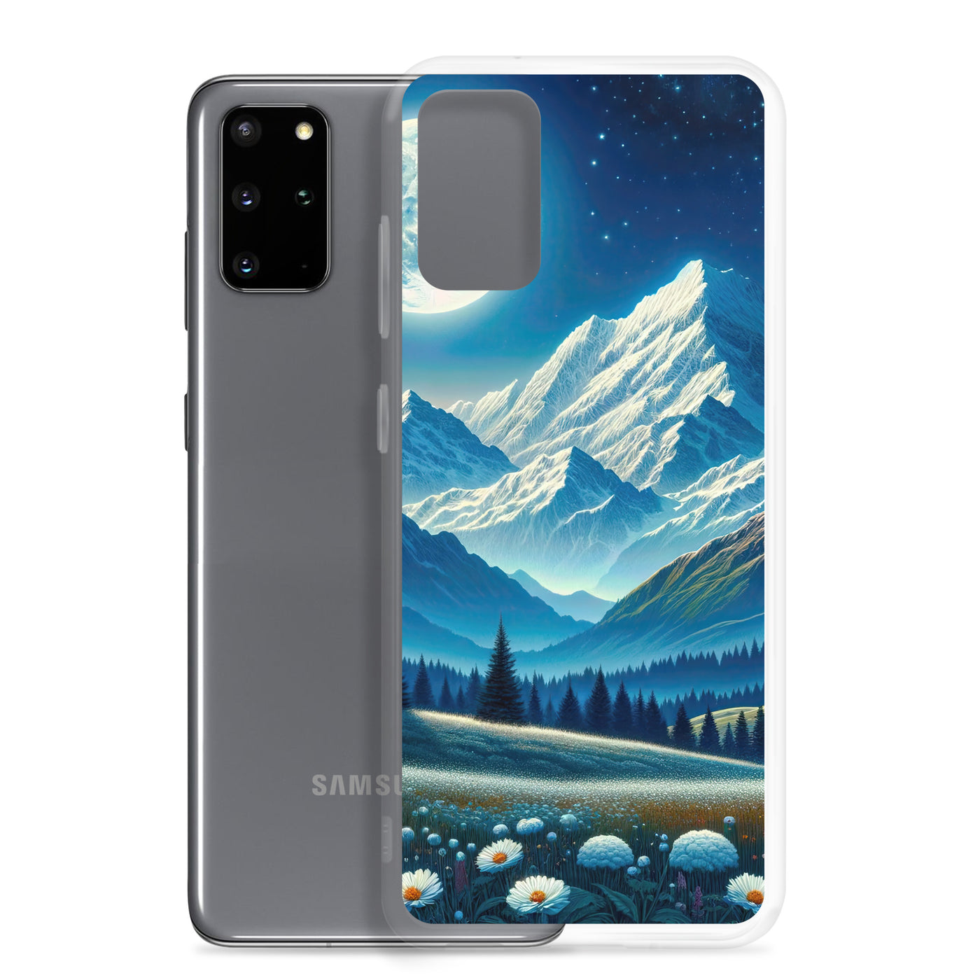 Klare frühlingshafte Alpennacht mit Blumen und Vollmond über Schneegipfeln - Samsung Schutzhülle (durchsichtig) berge xxx yyy zzz