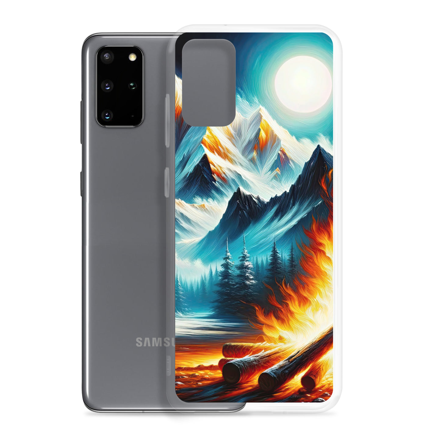 Ölgemälde von Feuer und Eis: Lagerfeuer und Alpen im Kontrast, warme Flammen - Samsung Schutzhülle (durchsichtig) camping xxx yyy zzz