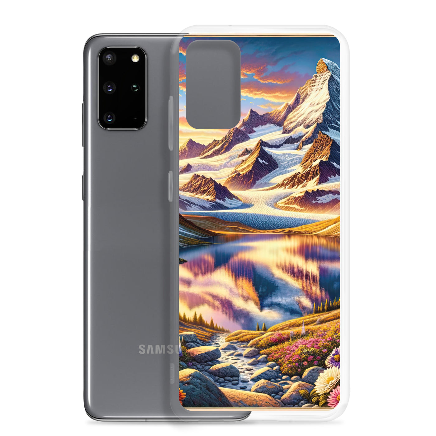 Quadratische Illustration der Alpen mit schneebedeckten Gipfeln und Wildblumen - Samsung Schutzhülle (durchsichtig) berge xxx yyy zzz