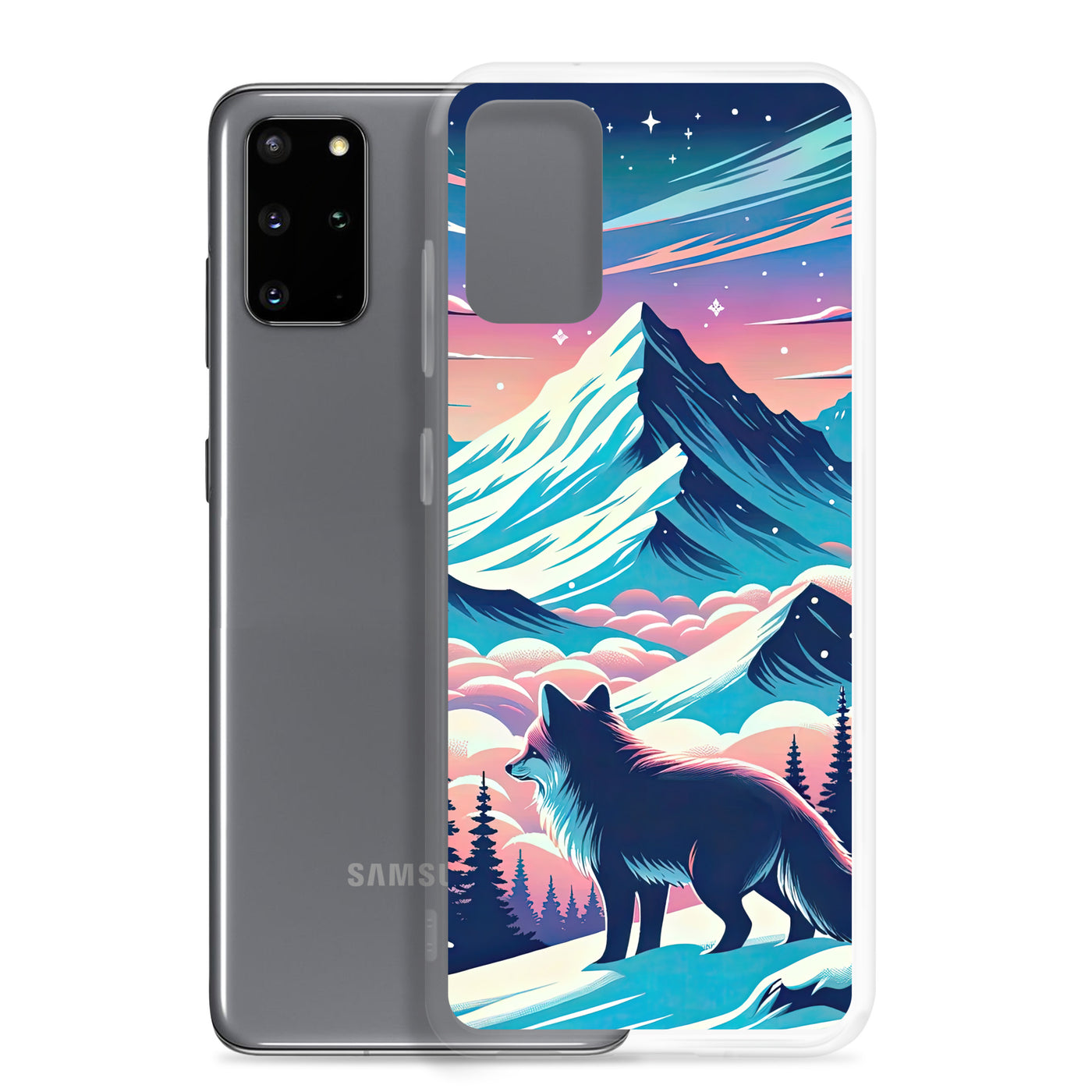 Vektorgrafik eines alpinen Winterwunderlandes mit schneebedeckten Kiefern und einem Fuchs - Samsung Schutzhülle (durchsichtig) camping xxx yyy zzz