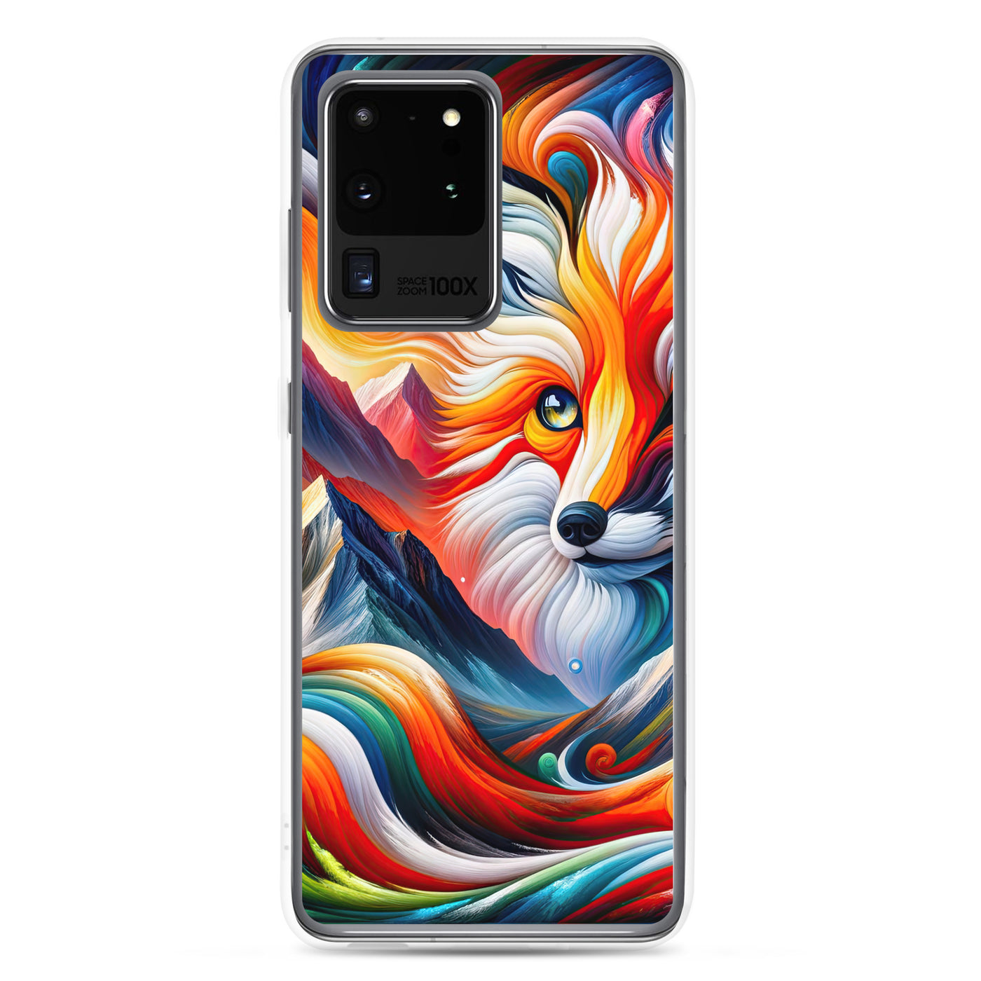 Abstrakte Kunst der Alpen voller lebendiger Farben und dynamischer Bewegung. Es dominiert ein farbiger Fuchs - Samsung Schutzhülle (durchsichtig) camping xxx yyy zzz Samsung Galaxy S20 Ultra